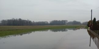 Zalegająca woda na jednej z ulic w Woli Rzędzińskiej